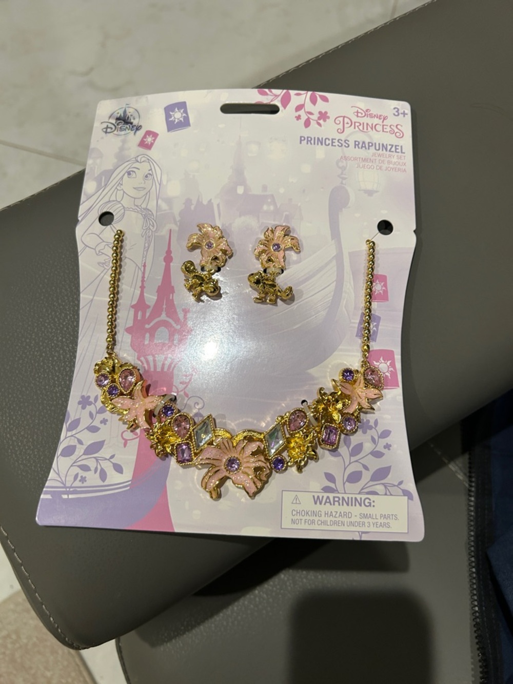 NWT Disney Princess Rapunzel Gold and Pink Floral Necklace & Earring Set